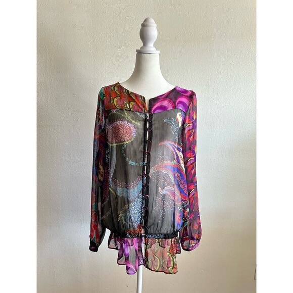 Desigual Sheer Multi Color Floral Print Long Sleeve Tunic Blouse Top Y2K Size M - Picture 1 of 9